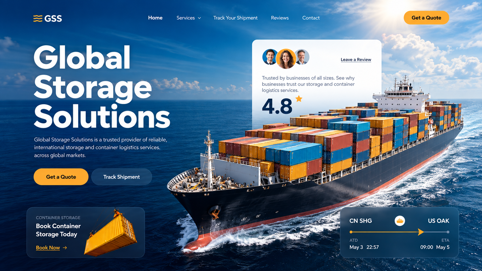 Concept logistics homepage with a container ship at sea, large headline, review card and shipment tracking panel.