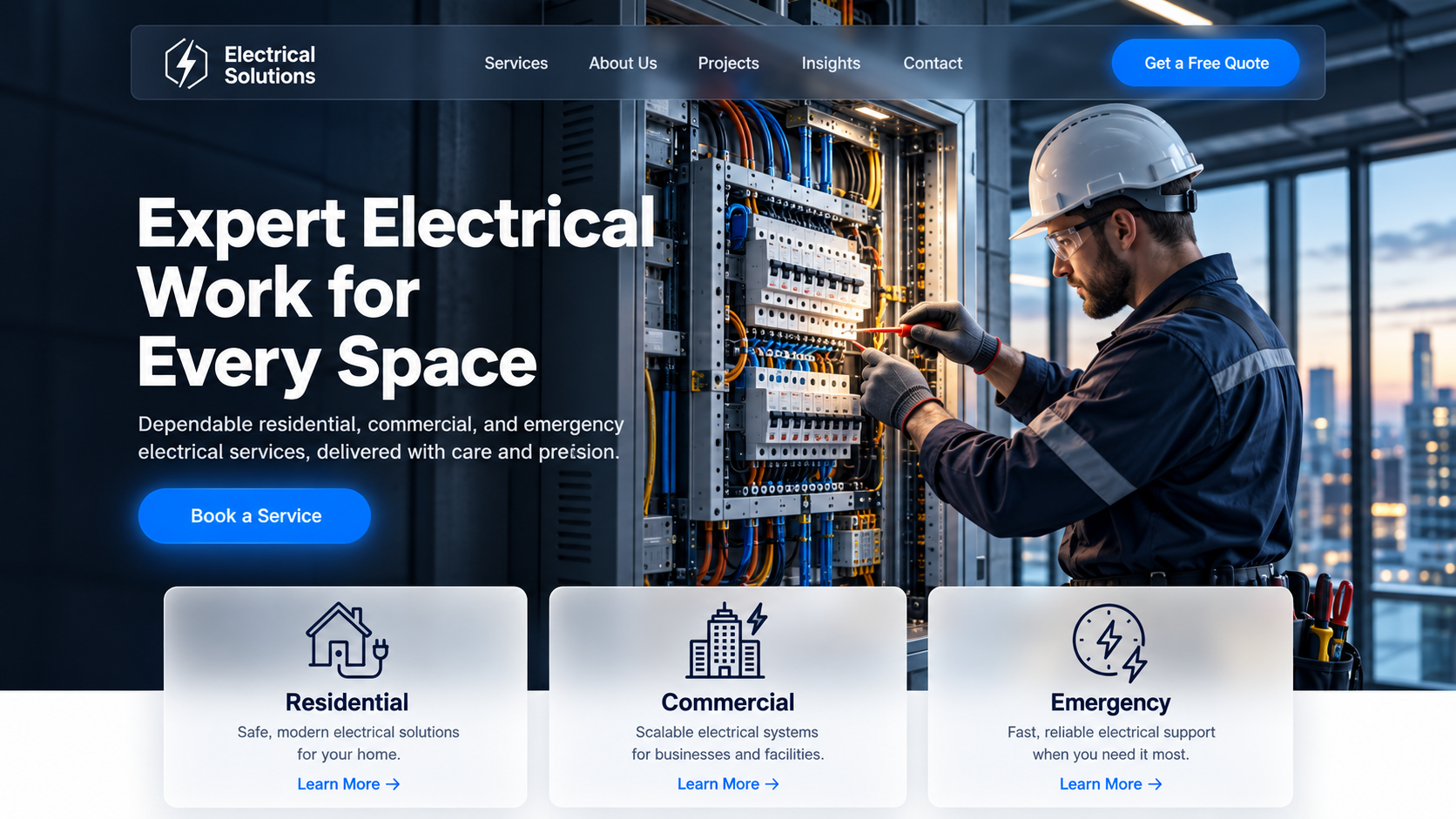 Concept homepage for an electrical services company with a technician at a panel and three service cards below.