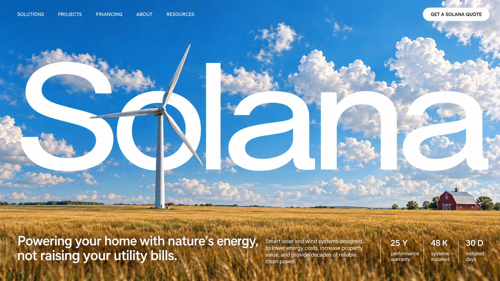 Concept homepage with oversized white wordmark over a blue sky, wind turbine and wheat field, with key figures along the bottom.