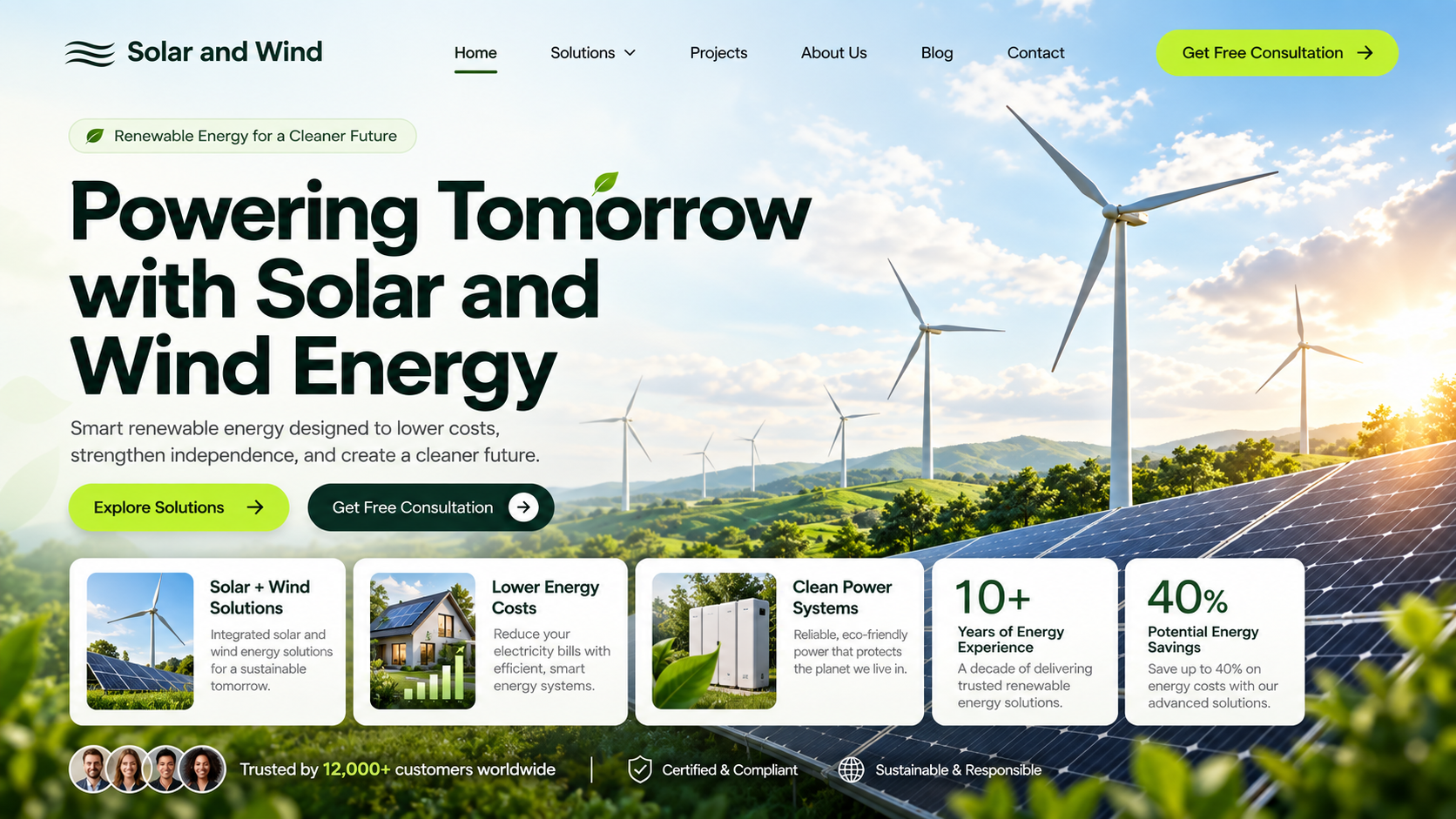 Concept homepage for a solar and wind company with a large headline, landscape of turbines and panels, and summary cards.