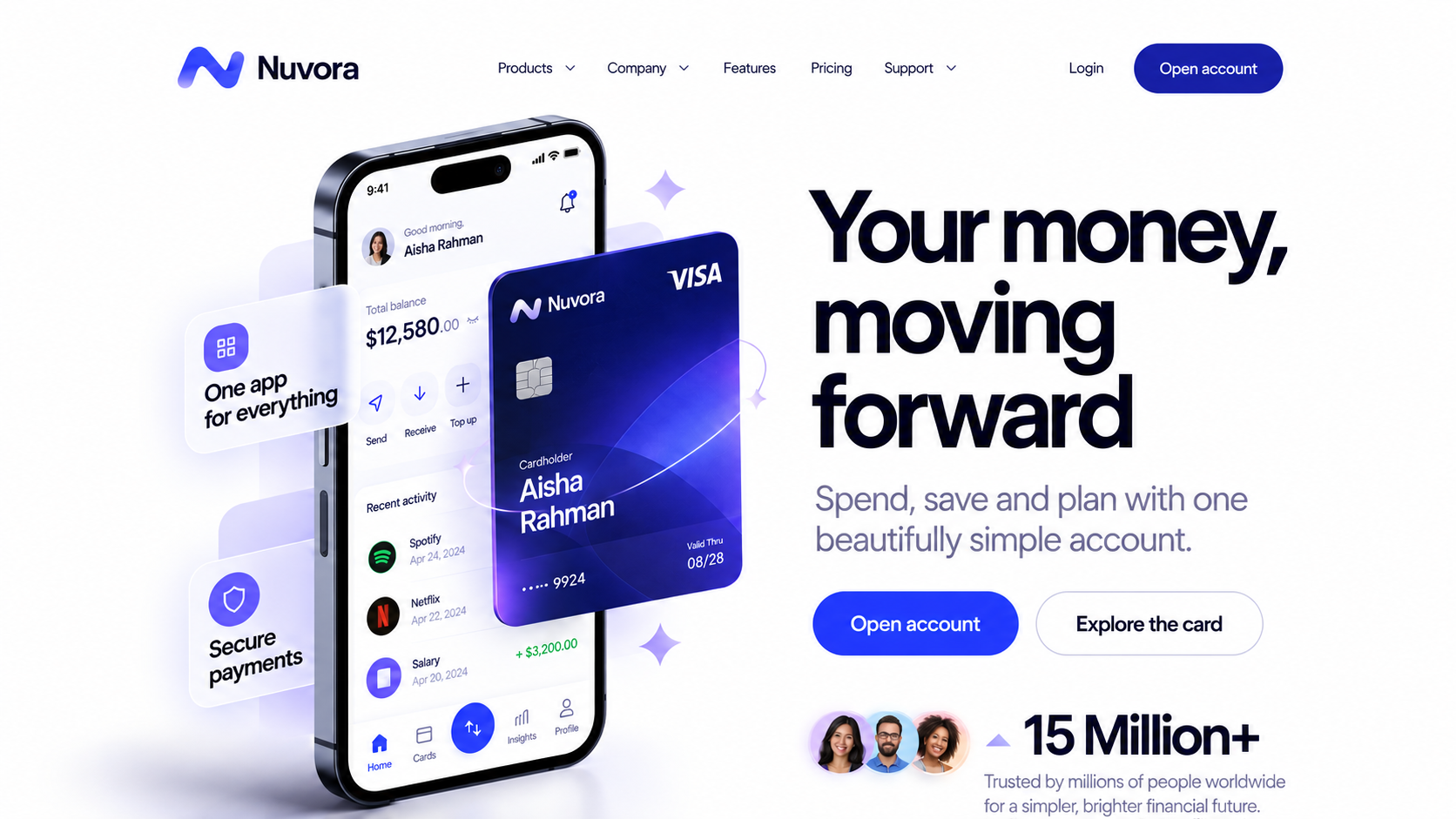 Concept fintech homepage with a phone app and card illustration beside a large bold headline and two clear calls to action.
